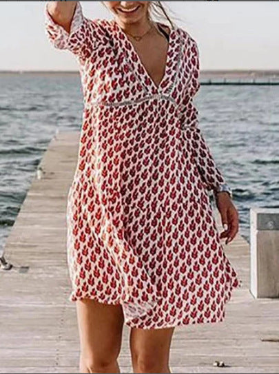 Women's Printed Loose Dress 9 Minute Sleeves Beach Style Flared Sleeves