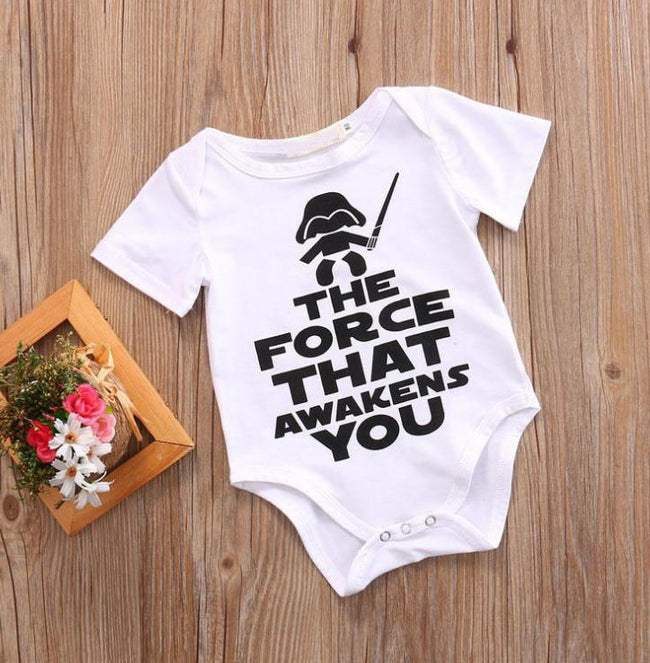 Funny Newborn Infant Clothes Force Awakens You Letter Print White Short Sleeves Tiny Cottons Baby Bodysuits Onesie