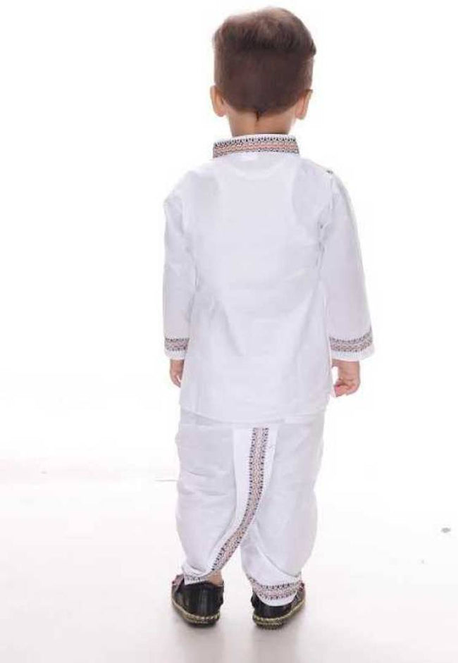 Fab Kid's White Embroidered Cotton Boy's Kurta Dhoti Set