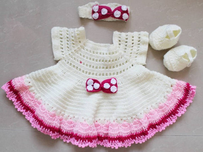 Comfy Woolen Frock And Cap With Bootie For Infant Girls