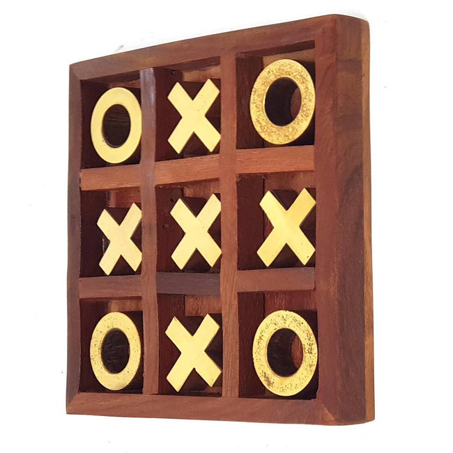 Noughts and Crosses Game Brass Wood Tic Tac Toe Toy Game for Kids Adults