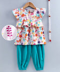 Adorable Blue Cotton Ruffle Top With Harem Pant For Girls