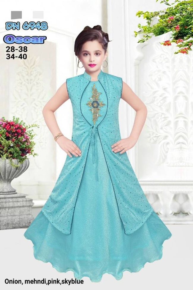Oscar Creation Girls Party Wear Gown  with Shrug/Overcoat Zardozi Embroidery Patch Work And Glitter Fabric 7-13 years