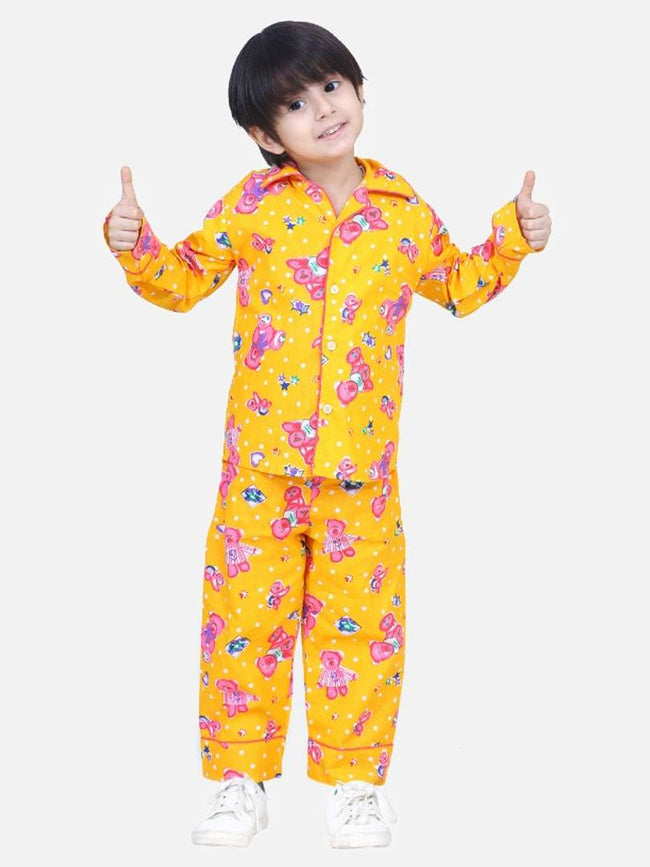 Adorable Yellow Cotton Printed Sleepwear Shirt And Pyajama Set For Boys