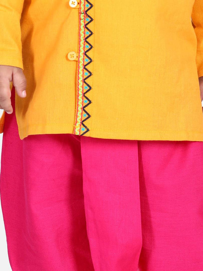 Stylish Cotton Yellow Embroidered Front Open Full Sleeve Dhoti With Kurta For Boys
