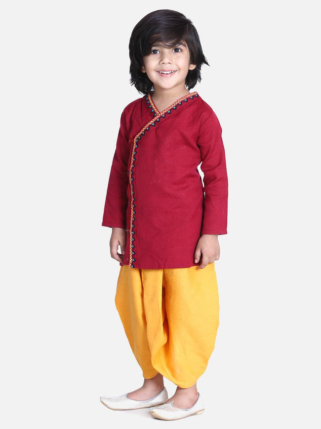 Stylish Cotton Maroon Embroidered Front Open Full Sleeve Dhoti With Kurta For Boys
