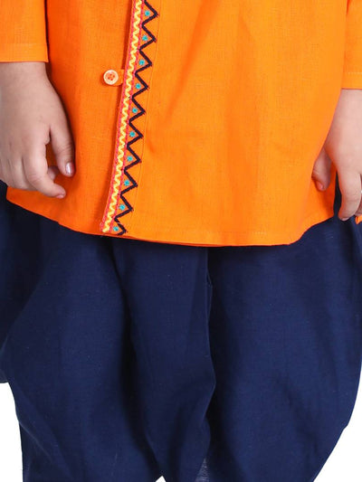 Stylish Cotton Orange Embroidered Front Open Full Sleeve Dhoti With Kurta For Boys