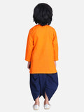 Stylish Cotton Orange Embroidered Front Open Full Sleeve Dhoti With Kurta For Boys