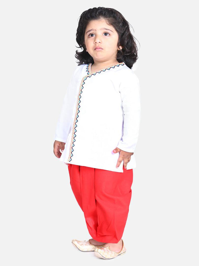 Stylish Cotton White Embroidered Front Open Full Sleeve Dhoti With Kurta For Boys