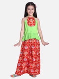 Stylish Silk Blend Red Printed Grecian Neck Top With Palazzo For Girls
