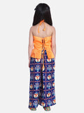 Stylish Silk Blend Blue Printed Grecian Neck Top With Palazzo For Girls