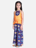 Stylish Silk Blend Blue Printed Grecian Neck Top With Palazzo For Girls