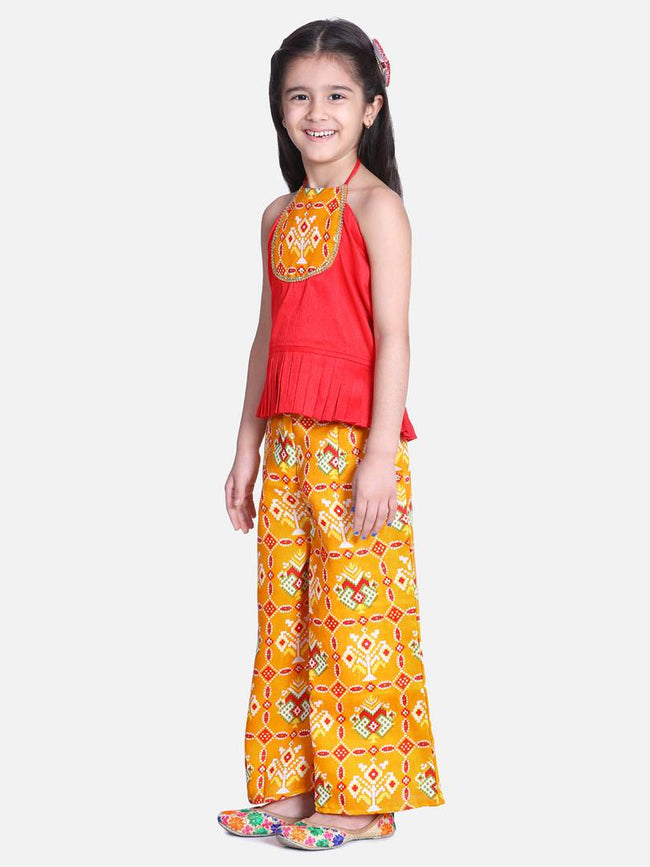 Stylish Silk Blend Yellow Printed Grecian Neck Top With Palazzo For Girls