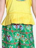Stylish Silk Blend Green Printed Grecian Neck Top With Palazzo For Girls