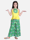 Stylish Silk Blend Green Printed Grecian Neck Top With Palazzo For Girls