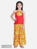 Stylish Silk Blend Yellow Printed Grecian Neck Top With Palazzo For Girls