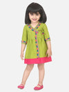 Cotton Front Open Full Sleeve Frock - Green