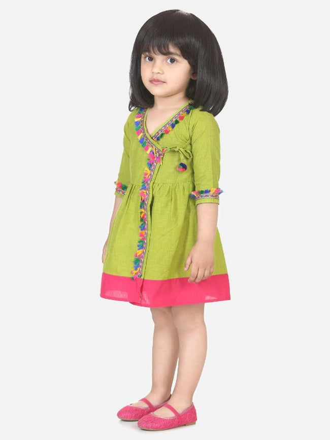 Cotton Front Open Full Sleeve Frock - Green