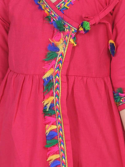 Cotton Front Open Full Sleeve Frock - Pink