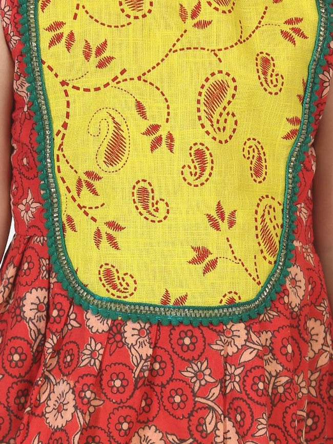 Round Patch Cotton Sleeveless Frock - Red