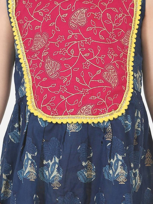 Round Patch Cotton Sleeveless Frock - Blue