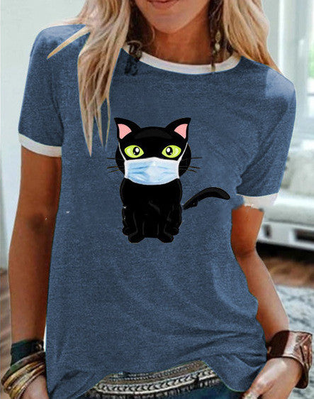 Women's Cat Print Color Matching Short Sleeve T-Shirt