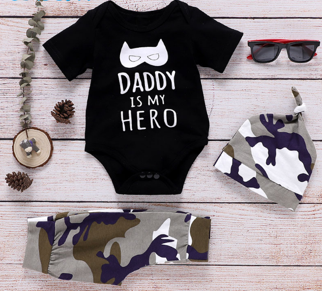 Boy Clothing Infant Camo Black Baby Clothes Summer Set For Boys 3 Piece Cartoon Print Kids Outfit With Hat For Newborn