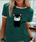 Women's Cat Print Color Matching Short Sleeve T-Shirt