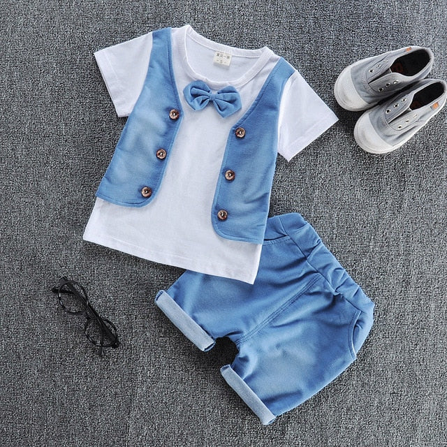 New Summer Children Boys Girls Cotton Tracksuit Fashion Baby Gentleman Tie T-shirt Shorts 2Pcs/Sets Toddler Infant Clothing Set