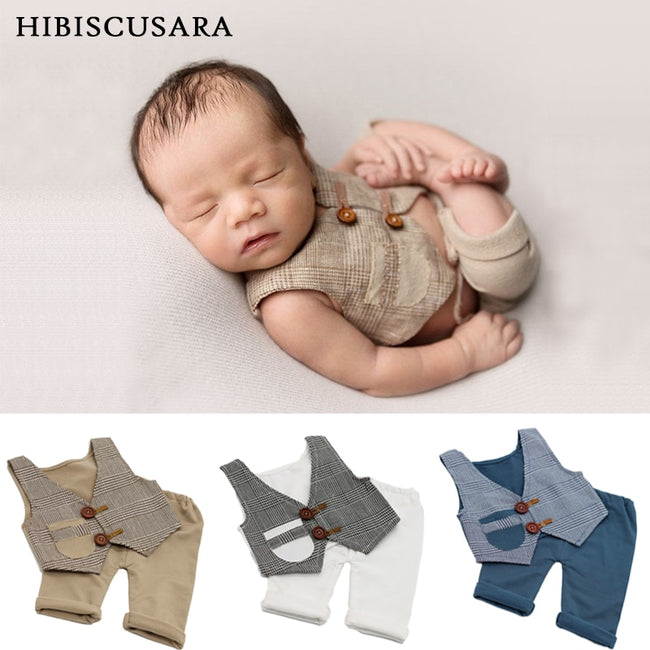 Newborn Baby Photography Clothing Plaid Waistcoat+Pants 2pcs Set Boys Photo Costumes Outfit Infant Gentleman Clothes