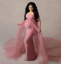 Summer Maternity Tulle Long Dresses Baby Shower Cotton Dress Stretchy Pregnancy Photography Dress with Cape Long Train