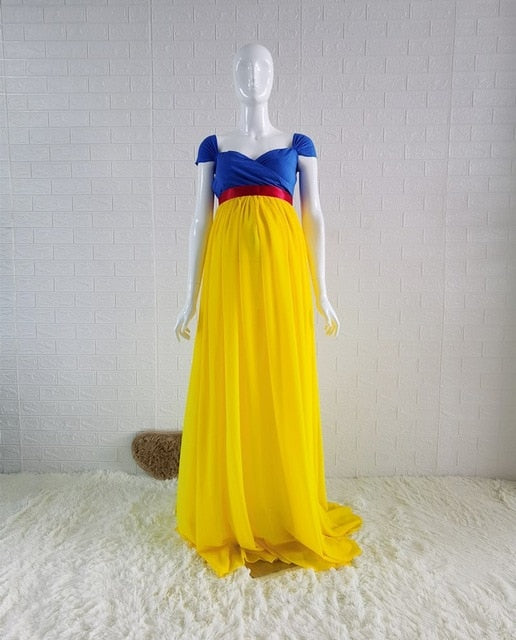 Princess Cosplay Maternity Photography Props Long Dress Blue and Yellow Chiffon Pregnancy Photo Shoot Maxi Dresses
